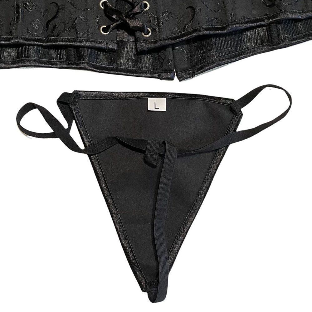 BLACK Jacquard Underbust Corset & Thong Large/5XL - Picture 5 of 8